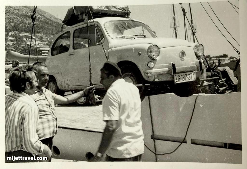 Embarking car on ferry, Dubrovnik to Mljet (1970s)